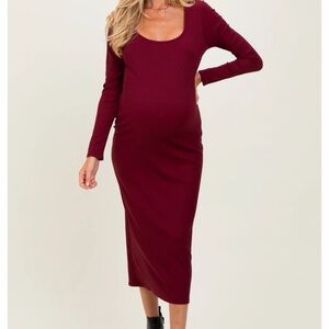 Burgundy scoop neck long sleeve midi maternity dress